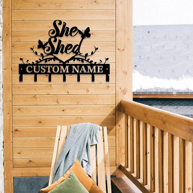 Personalized She Shed Metal Keys Hooks,Custom Name Metal She Shed Keys Hooks,Black Metal She Shed Wall Home Storage Decorative Keys Hooks,Key Holder Hooks for Wall (Style F)