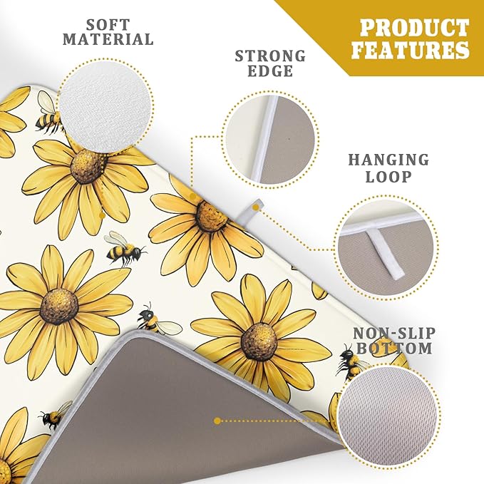 ABSOP Spring Summer Sunflower Bee Dish Drying Mat of Kitchen Counter 18×24 Inch Floral Drainer Pad Flower Dish Rack Pad Drainer Mat Washable Absorbent Reversible Microfiber for Coffee Bar