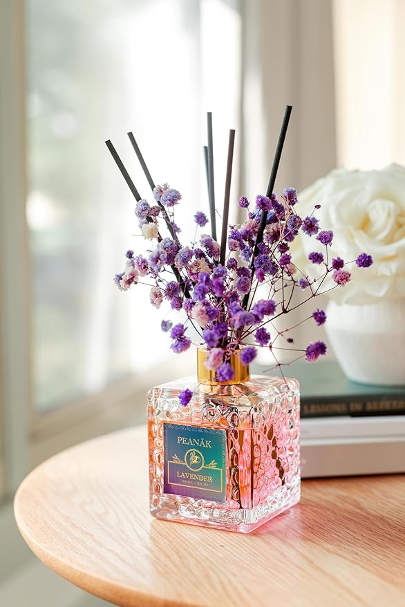 PEANÄK Reed Diffuser Set - French Lavender Fragrance 6.7oz (200 ml) - 2 Pack Real Preserved Flowers & Reed Sticks for Home & Office Bathroom Shelf Décor with Long Lasting Gift Scents