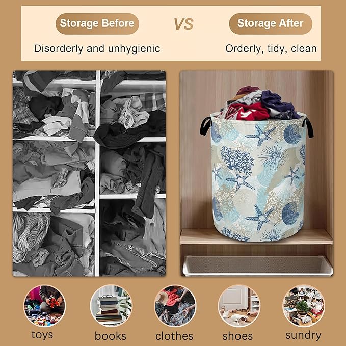 Large Laundry Basket,Corals Seashells Collapsible Laundry Baskets,Cute Algae Waterproof Oxford Hamper with Handles for Bathroom Bedroom Nursery Home Storage 16"x20"