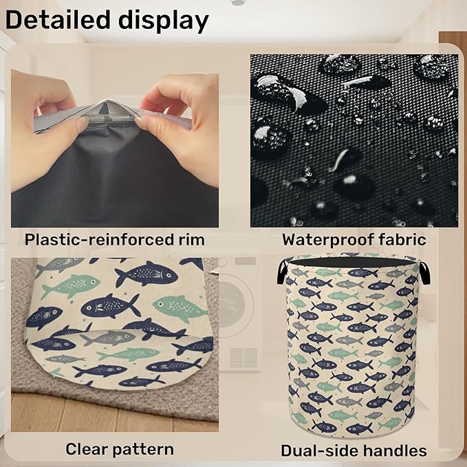Cute Japanese-Style Fish Foldable Laundry Hamper - Waterproof Fabric Storage Basket with Handles, Clothes Hampers for Laundry,Bedroom,Dorm
