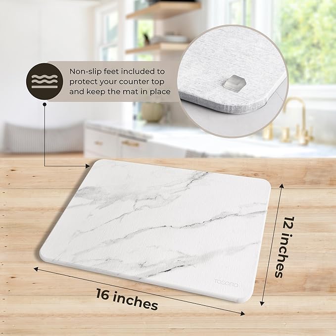 Stone Drying Mat for Kitchen Counter, Multi-Purpose Stone Dish Drying Mat, Water-Absorbent Quick Dish Drying Stone for Kitchen Counter for Cups Dishes Bottles (15.7” L x 11.8” W) - Marble Sandstone