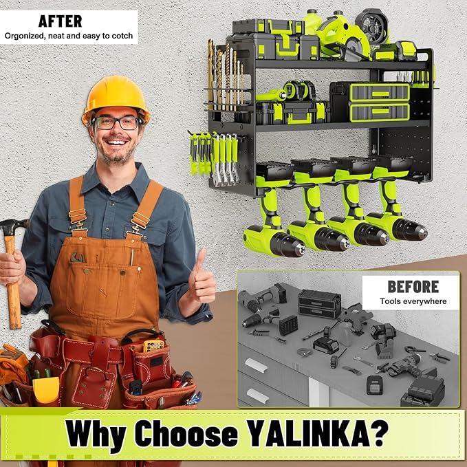 FaloStwer Power Tool Organizer Wall Mount, Drill Holder tool storage with Hooks & Screwdriver Organizer, Heavy Duty Iron 3 Layers Garage Storage Shelf for Workshop Shed Pegboard Basement(Black)