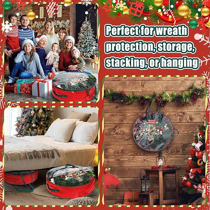 Shappy 6 Pcs 24 x 7 Inch Christmas Wreath Storage Bag Plastic Storage Containers for Wreaths Container Christmas Decorative Xmas Plastic Bag Holder Handles Dual Zipper Holiday Wrapping