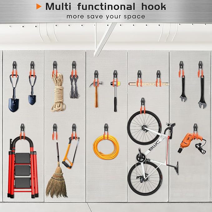 Upgraded Garage Hooks, 6 Pack Heavy Duty Wall Mount Steel Utility Hooks, Storage System Hooks for Power Tools, Garden Hose, Ladder, Bike, Cords, and More