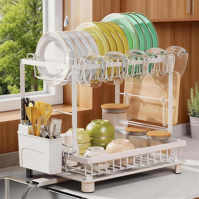 Nfnoyp Multifunctional Dish Drying Rack - Rustproof, 2-Tier Dish Racks with Drainboard, Space-Saving Design, Utensil & Cup Holder for Kitchen Counter, White