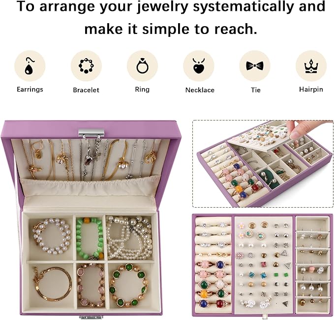 Homeanda Jewelry box 2 layer Jewelry box Leather Jewelry boxes for Women Girls Teens Jewelry organizer box Jewelry Storage box with lock(Purple)
