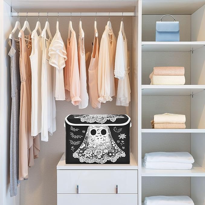 Bolaz Storage Bins with Lids and Handles,Cartoon Ghost Storage Box Basket with Cover Collapsible Organizer Containers for Home Closet, Shelves