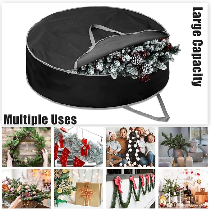 1 Pc 60" Christmas Wreath Storage Bag Zippered Garland Holiday Container with Reinforced Handle Tear Resistant 600d Oxford Organizer Wreath Holder with Card (Black)