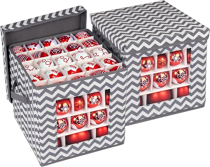 2 Pack Ornament Storage Box Set, Xmas Ornament Boxes for Storage, 166pcs Compartment for 3cm-10cm Christmas Balls, Christmas Decoration Organizer with Carry Handle & Transparent Window, 30x30x30cm