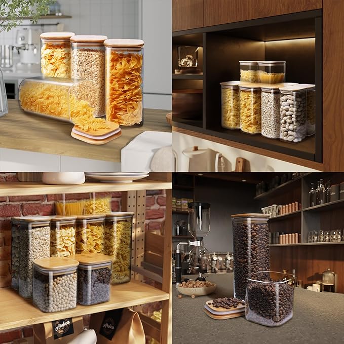 HomArtist Square Glass Jars with Bamboo Lids 79 FL OZ [Set of 3], Glass Canisters with Airtight Lid, Glass Food Storage Containers for Spaghetti, Fettuccine, Linguine,Pasta, Best for Kitchen & Pantry