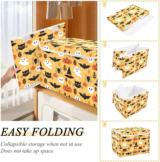 Bolaz Storage Bins with Lids and Handles, Halloween Seamless Pattern Design with Ghost Skull Pumpkin and Cat Storage Box Storage Basket with Cover Collapsible Organizer Containers for Home