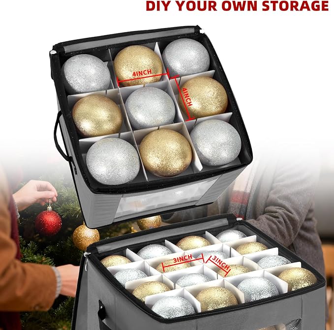 JY COOKMENT Christmas Ornament Storage Box with Adjustable Dividers, Premium Holiday Ornaments Storage Container Bin with Zippered Top for Xmas Decorations (64-3" Balls, Gray, Without Tray)
