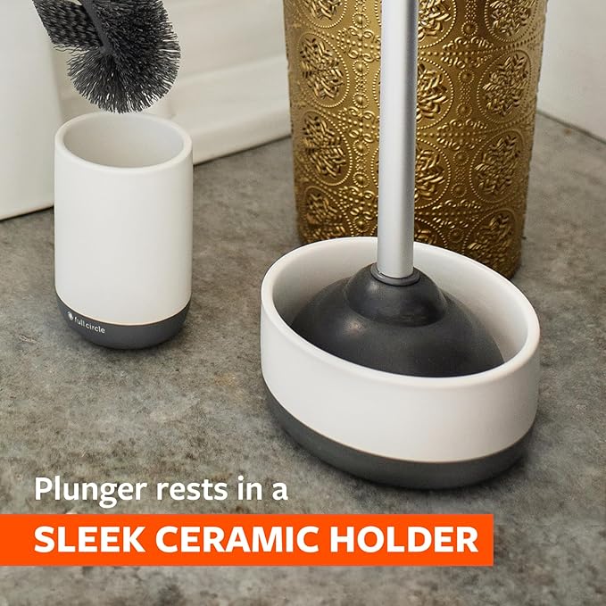 Full Circle Royal Plunge - Bathroom Toilet Plunger with Ceramic Holder and Diatomaceous Earth Disk for Mold & Mildew Prevention, Easy to Clean & More Hygenic, White