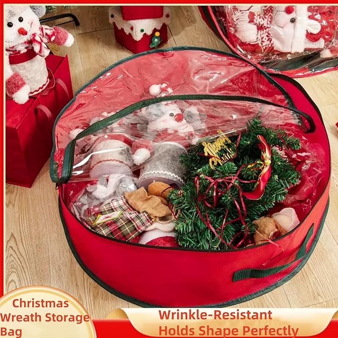 24/30 Inch Christmas Wreath Storage Bag, Waterproof Clear PVC Top, Dual Zippers, Carry Handles Wreath Storage Container, 2-in-1 Wreath & Lifebuoy Storage Cover for Home, Moving, Festive Decoration