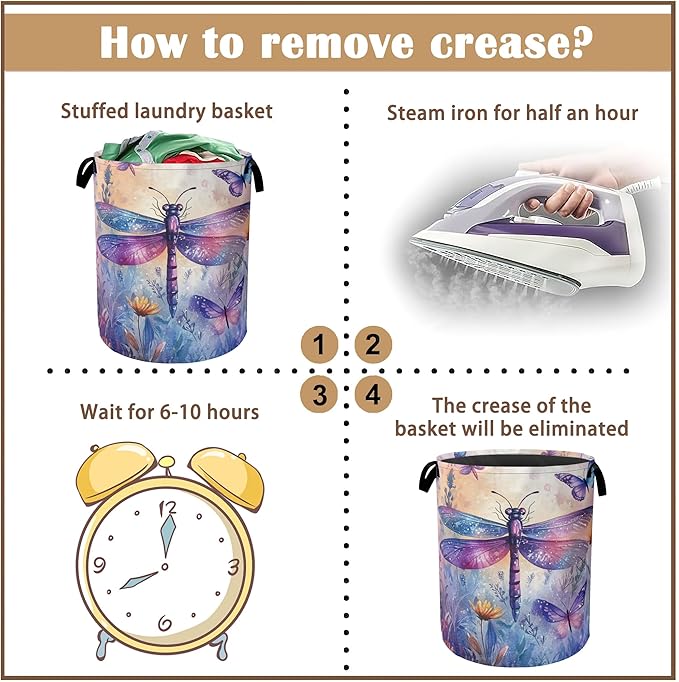 Dragonfly Butterfly Laundry Hamper,Collapsible Laundry Baskets,Colorful Wild Flowers Dirty Clothes Baskets with Handles,Oxford Cloth Hamper for Bedroom,Bathroom,College Dorms, 16"x20"