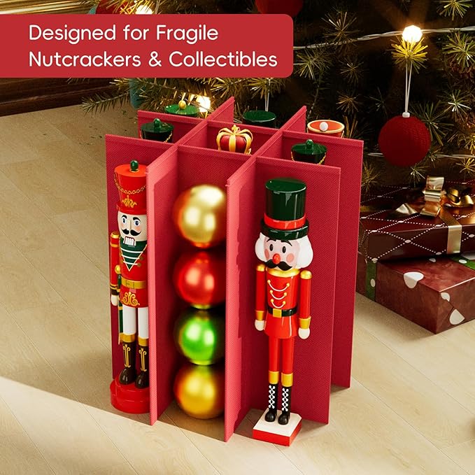 Christmas Nutcracker and Figurine Collectible Storage Box - Stores Up to 9-16" Tall Nutcrackers, Ornaments, and More - Holiday Decor Organizer with Adjustable Dividers - Nutcracker not Included (Red)