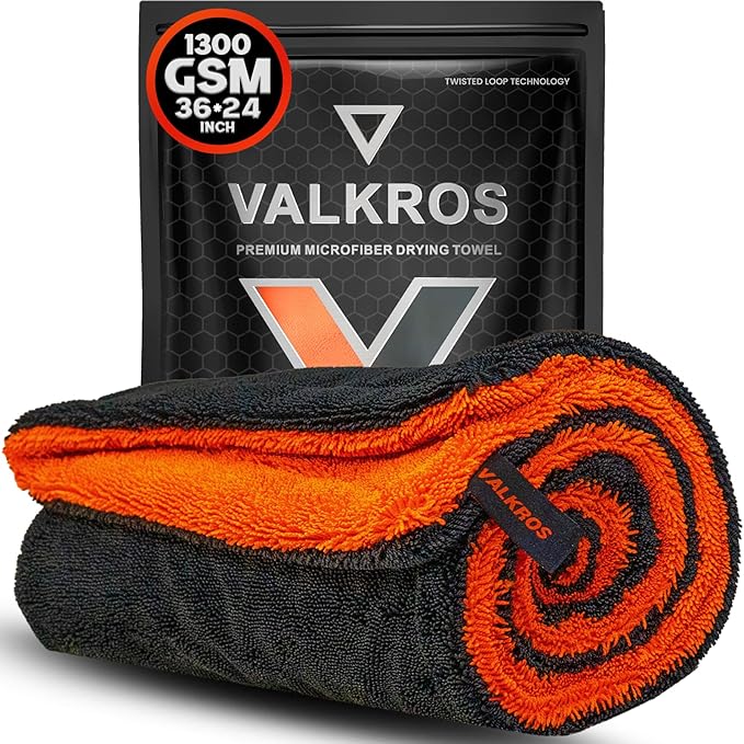 VALKROS X- Large Car Drying Towel, 36x24 Microfiber Towels for Cars, 1300 GSM, 70/30 Blend, Dual-Sided Highly Absorbent Twisted-Loop Edgeless Car Detailing Cloth, Scratch/Streak-Free [Orange/Black]