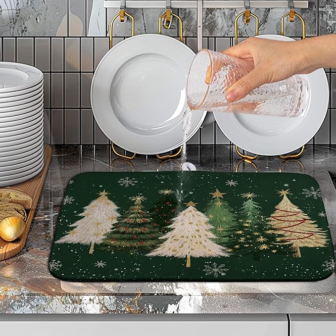 Wnoesat Green Christmas Tree Snowflakes Dish Drying Mat for Kitchen Counter 16x18 Inch Winter Xmas Holiday Dish Rack Mat Absorbent Microfiber Dish Draining Mat Reversible Drainer Pad