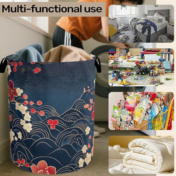 Japanese Cherry Blossom Laundry Basket, Blue Large Clothes Hamper Bag with Handles, Space Saving Foldable Design for Nursery