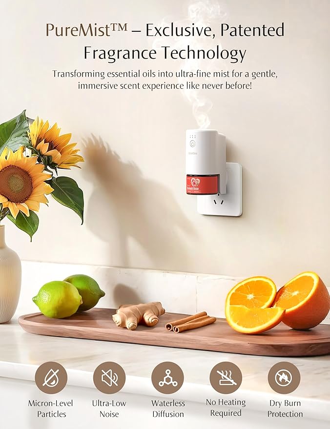 SF101 Pro Plug In Air Freshener, Waterless Essential Oil Diffuser, Non-Toxic Aroma Diffuser, Adjustable 120-Day Natural Scent Mist, Covers 1000 Sq Ft- Free 30ml Rose Rhapsody