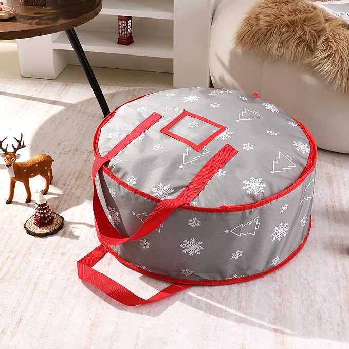 30 Inch Christmas Wreath Storage Bag, Wreath Storage Container with Carry Handles Zipper and Labeling Card Slot, Waterproof Garland Storage Container for Wreath Christmas Decoration, Grey