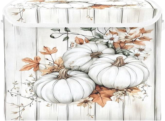 Bolaz Storage Bins with Lids and Handles,White Pumpkin Wood Storage Box Basket with Cover Collapsible Organizer Containers for Home Closet, Shelves