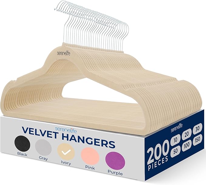 SereneLife 200 Pack Velvet Hangers - Non-Slip Felt Hangers with 360° Swivel Hook, Space-Saving, Ultra-Thin, Lightweight for Shirts, Sweaters, Hoodies, Kids Clothes & Dresses