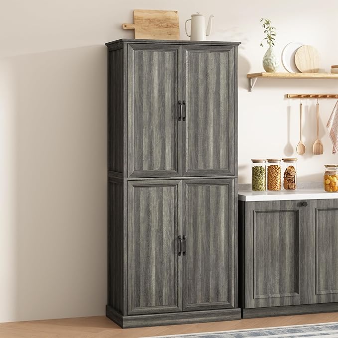 71'' Tall Pantry Cabinet, Farmhouse Kitchen Pantry Storage Cabinet with Barn Door and Adjustable Shelves, Rustic Wood Freestanding Cupboard Storage Organizer for Kitchen, Dining Room, Grey