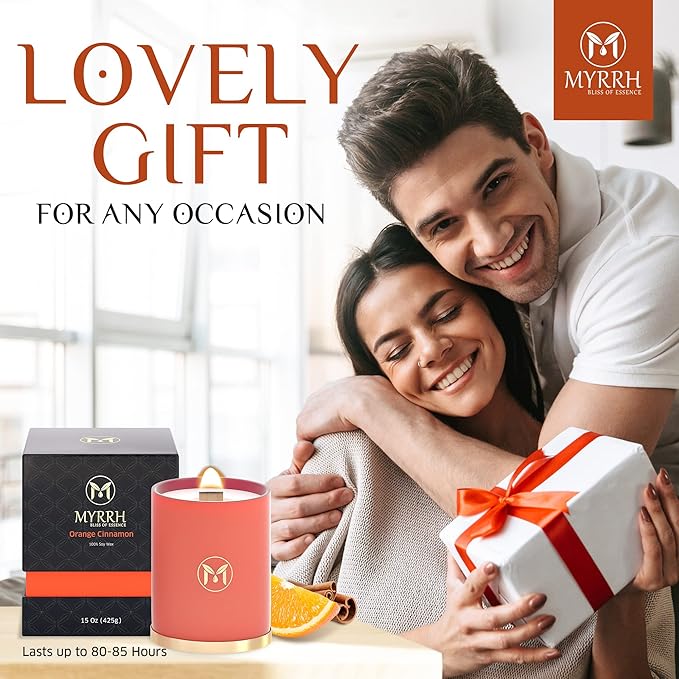 MyrrhUSA Orange Cinnamon Scented Candle – 15oz Natural Soy Wax with Crackling Wooden Wick & Essential Oil | 80 Hour Burn | Luxury Aromatherapy Candle for Relaxation, Home Décor, Living Room & Bathroom