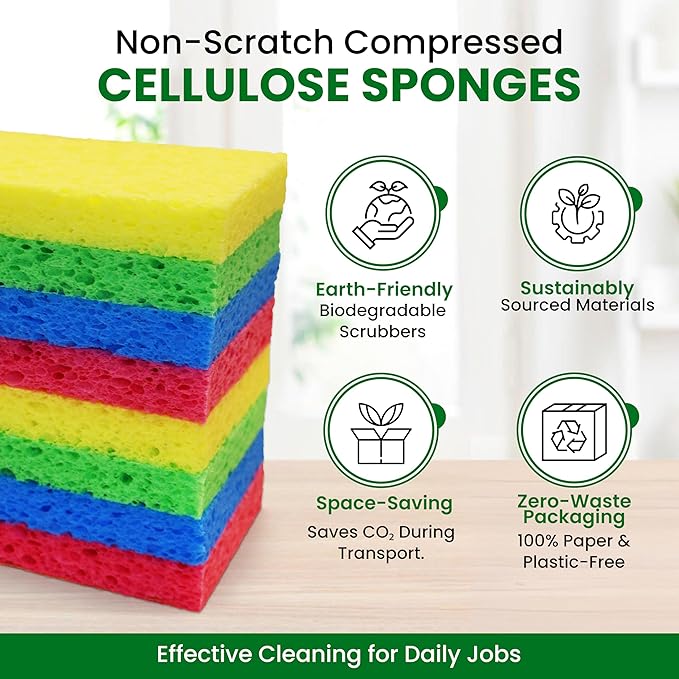 MMG Prime Cellulose Sponges – 24-Pack Multicolored Compressed Natural for Kitchen – Plant-Based, Biodegradable, Non-Scratch, Quick-Dry, Super-Absorbent for Dishes & Surfaces