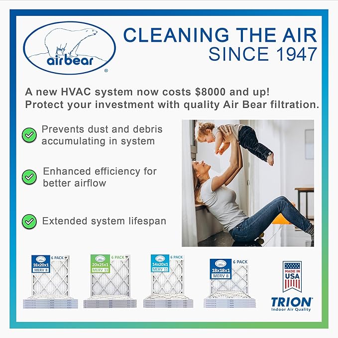 16x25x3 TRION Air Bear Cub Pleated HVAC Air Filter MERV 13 (4-Pack) (Actual Size: 15.75 x 24.75 x 3.06 Inches)