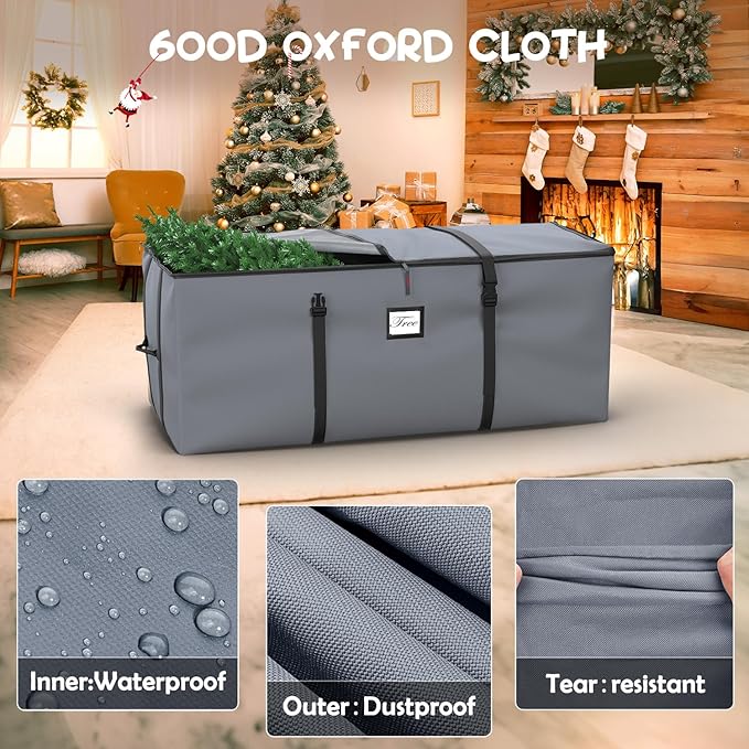 Mrrihand Christmas Tree Storage Bag, Large Artificial Christmas Tree, Anti-Tear Heavy-Duty 600D Oxford Cloth Christmas Tree Storage Box with Handles, Christmas Tree Storage Container (Grey, 9Ft)