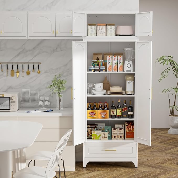 Metal Storage Cabinet with Drawer, 90" Tall Kitchen Pantry Storage Cabinets with Doors and Adjustable Shelves, White Pantry Closet, Steel Large Cupboard, High Leveling Feet- Assembly Required