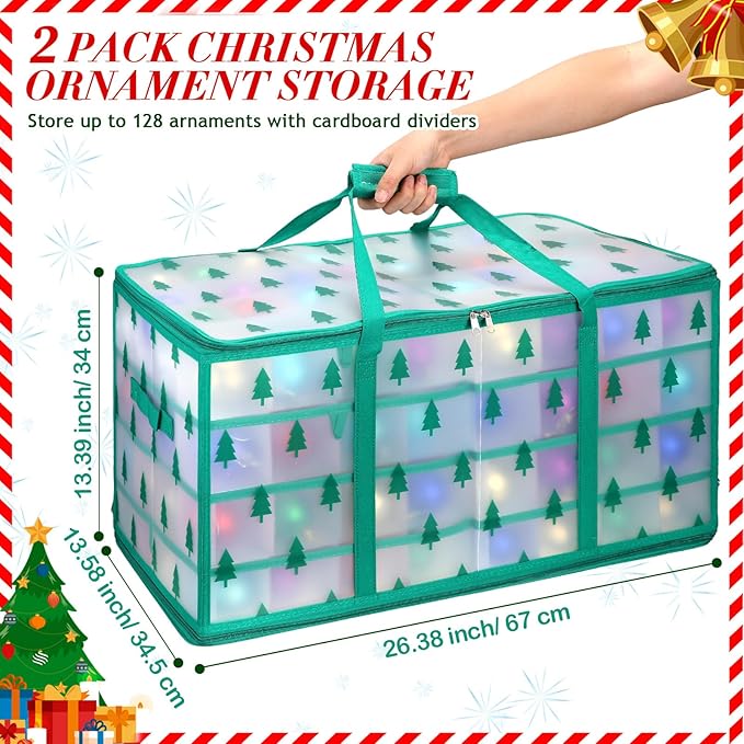 Hosuly 2 Pcs Plastic Christmas Ornaments Storage Box with Dividers, Zippers, 8 Trays,128 Slots, Christmas Storage Containers Xmas Ornaments Organizer for Holiday Balls Ornaments(Christmas Tree)