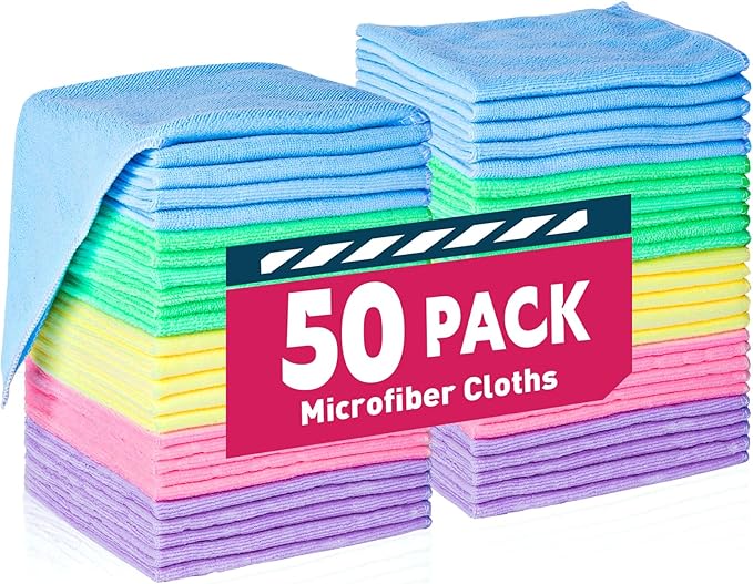 TEAWOO Microfiber Cleaning Cloths-50 Pack, Microfiber Towels Bulk, Towels for Cars & Home, Cleaning Rags 5 Colors Assorted (12x12 inches)