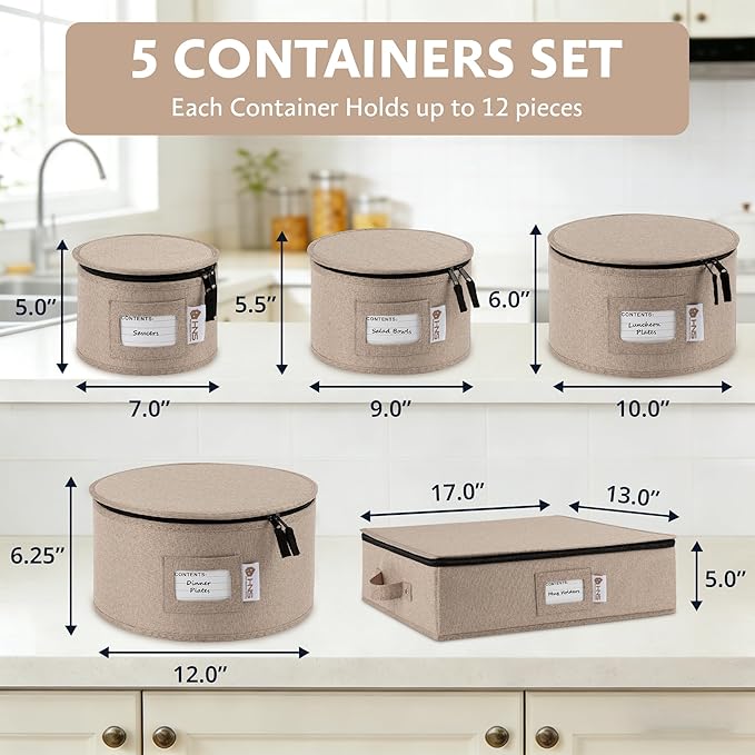 China Storage Hard Shell Containers 5-Piece Set Moving Boxes for Dinnerware, Glasses, Plates, Mugs and Saucers Sturdy Dish Organizer with Dividers for Seasonal Storage - Service for 12 - Brown
