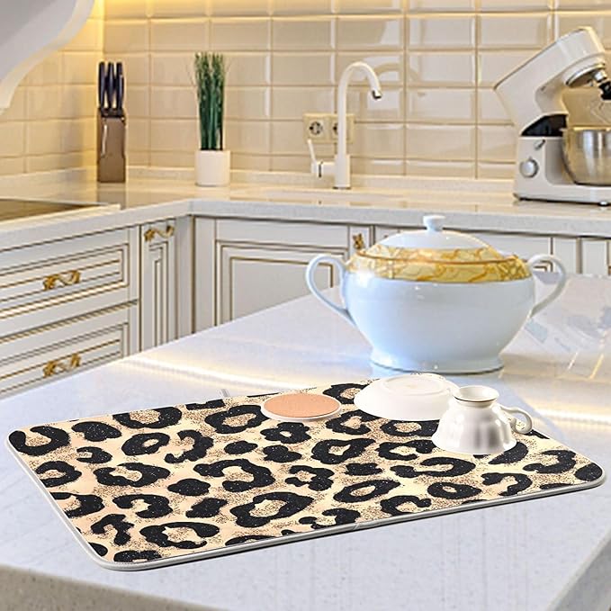Cheetah Brown Gold Dish Drying Mat for Kitchen Countertop 18x24 Leopard Black Large Drying Mat Reusable Quick Dry Dish Sink Mats Easy Clean Decorative Essentials