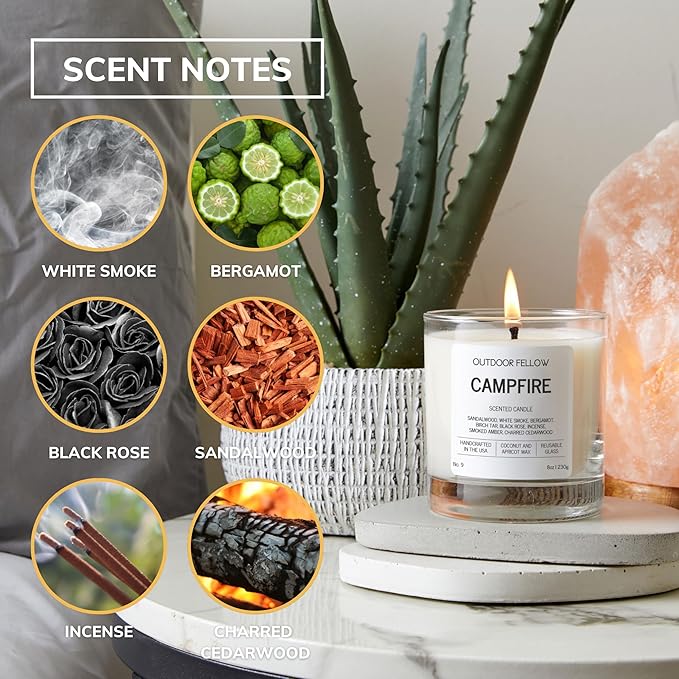 Outdoor Fellow Campfire Scented Candle, 8oz, Coconut & Apricot Wax Blend, Sandalwood, Smoked Amber, Charred Cedarwood, Reusable Glass, 40-50 Hour Burn Time