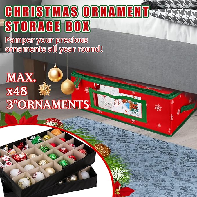 Hysagtek Ornament Storage Box, Underbed Christmas Ornament Storage Container with Dividers, 2 Removable Trays for 48-3” Ornaments, Christmas Storage Containers with Handles for Holiday Decorations