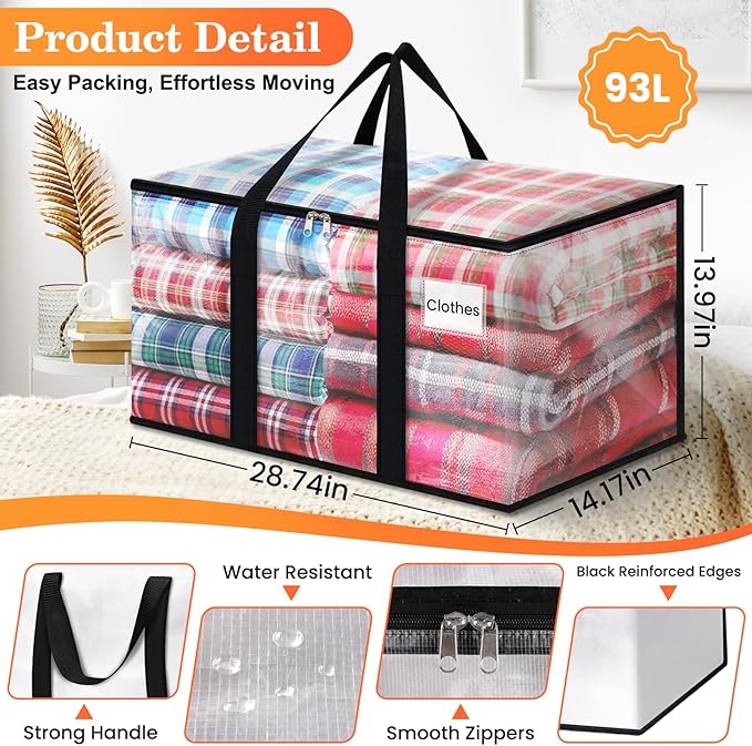 Extra Large Heavy Duty Moving Bags, Storage Bags with Strong Zippers & Handles, Packing Bags for Moving Essentials, Ideal Storage Tote for Home, Dorm & Storage Solutions, 93L, 8 Packs, Clear