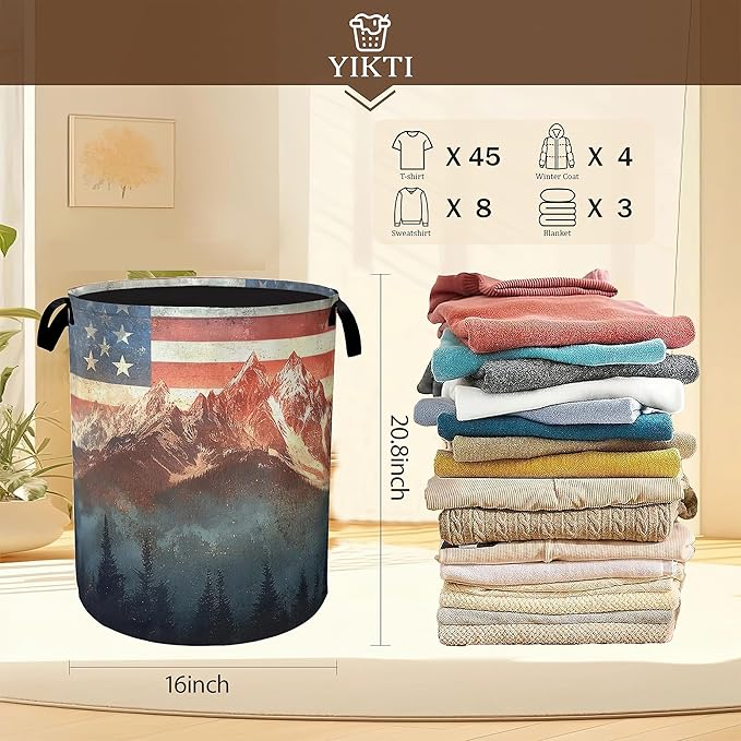 Vintage American Flag Laundry Hamper,Forest Mountain Clothes Hamper for Laundry,Waterproof Oxford Toy Storage Collapsible Hampers for Bedroom, Dorm Room,Bathroom,16x20 Inch