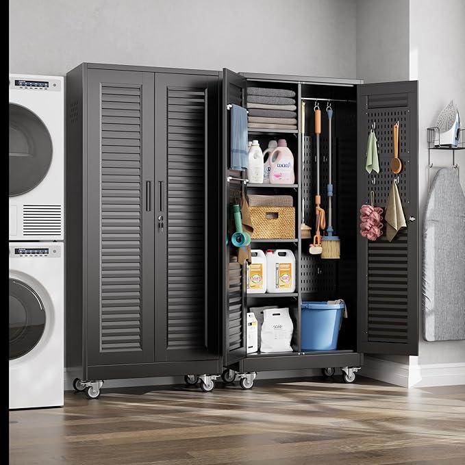 Metal Broom Closet Storage Cabinet with Hanging Rod, Garage Storage Cabinet with Wheels and 4 Shelves, Pegboard and 13 Hooks for Garage Home, Black, Assembly Required