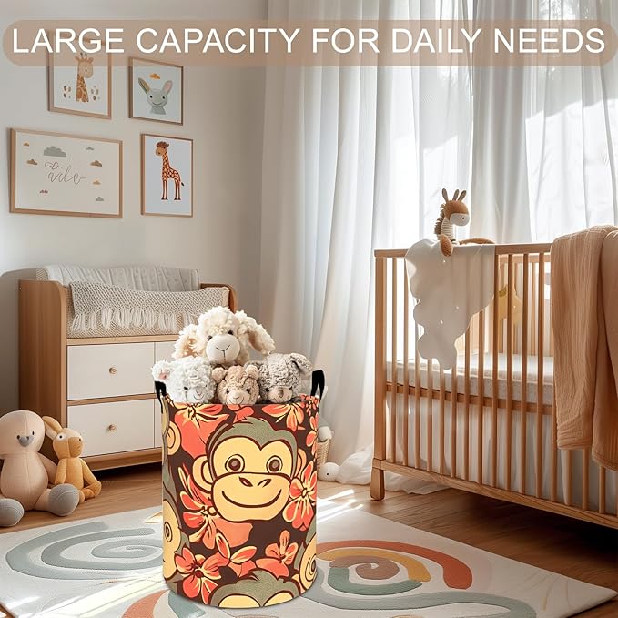 Monkey Laundry Basket Hamper 19.7"x15.8", Cute Cartoon Foldable Waterproof Oxford Clothes Storage Bucket for Room Bathroom Bedroom Nursery Decor, Toy Organizer Bins Gifts for Kids Boys Girls