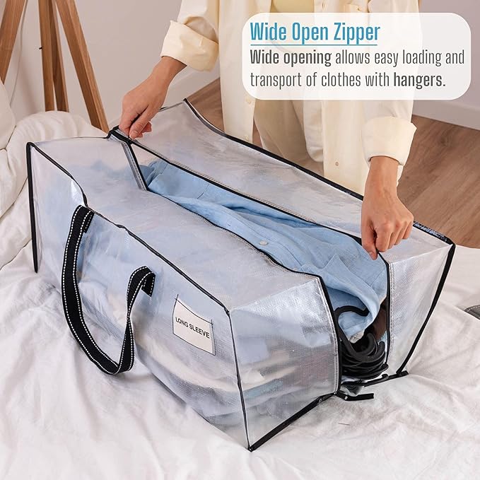 VENO 4 Pack Heavy Duty Moving Bags, Christmas Storage Bins with Lids, Clear Design, Alternative to Moving Boxes, Storage Bags for Clothes, Blankets, Comforters, Pillows, Camping (Clear, 4 Pack)