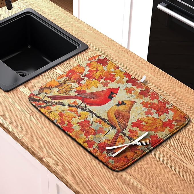Kwlegh Fall Dish Drying Mats for Kitchen Counter Maple Leaf Cardinal Birds Dish Draining Mat 18x24 Inch Autumn Thanksgiving Dish Rack Mat Microfiber Absorbent Dish Drainer Pad