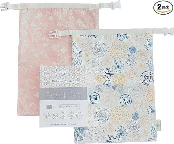 Reliable Rhodes Reusable Beeswax Bread Bag 2 Pack –12x17 Bread Bag for Homemade Sourdough, Beeswax Coated Organic Cotton Storage Bag for Loaf Baguette, Freezer Safe, Eco-Friendly Wrap Spiral Blossoms