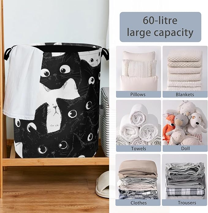 Cute Black Cat Laundry Hamper,Dirty Clothes Laundry Basket with Handles Waterproof Oxford Cloth Storage Basket for College Dorms Bathroom Bedroom 16" x 20.8"