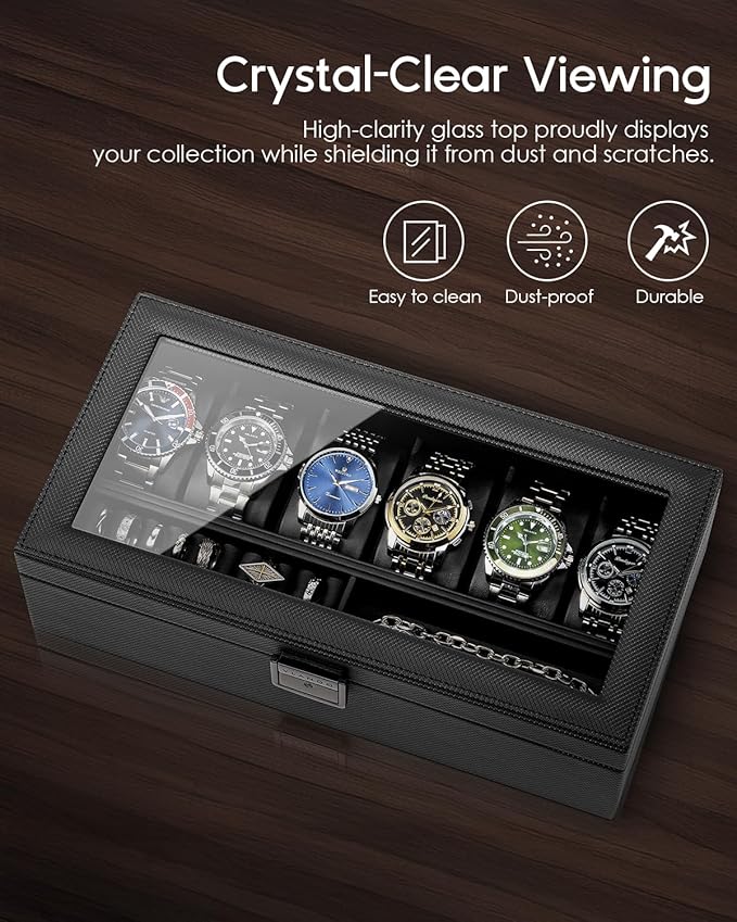 Vlando 6-Slot Watch Case for Men, Watch Box with Glass Lid, Storage for Rings, Keys, Business Textured Leather Organizer Display Case, Soft Pillow, Gifts for Fathers, Dad, Husband - Black