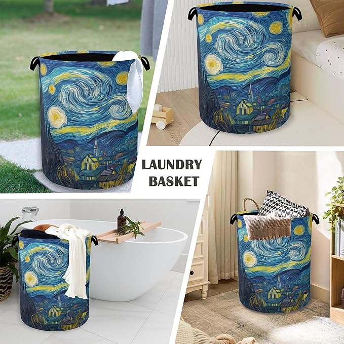 Starry Night Moon Laundry Basket,Village Oxford Cloth Laundry Hamper with Handle Foldable Portable Clothes Storage Basket for Bathroom Bedroom Dorm Room 16" x 20.8"